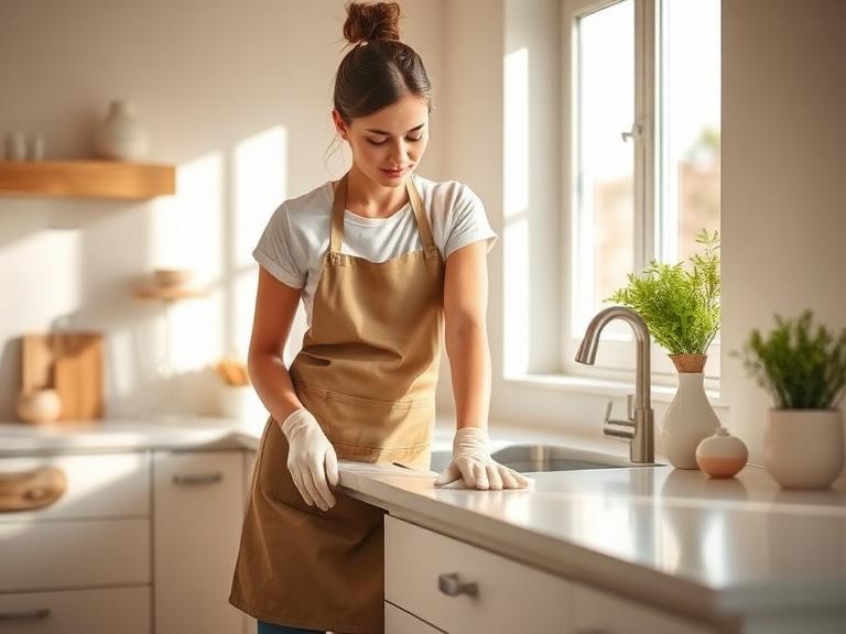 A cleaner wiping a bright kitchen counter