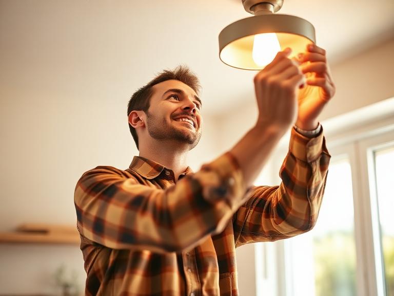 An electrician fitting a ceiling light