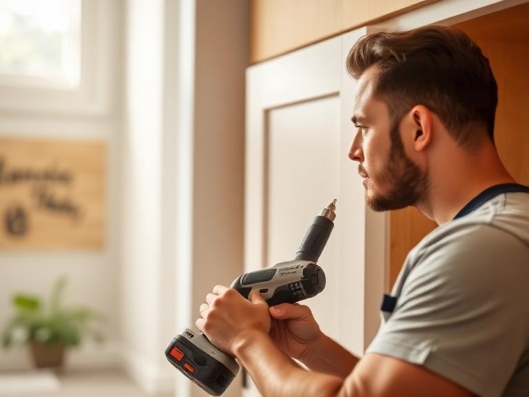 A handyman fixing a cabinet door with a drill