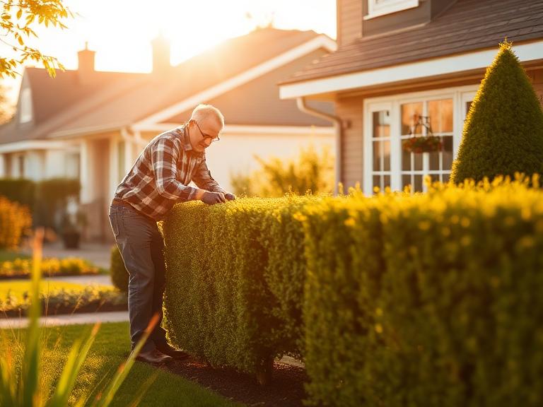 A landscaper trimming a hedge in a front garden