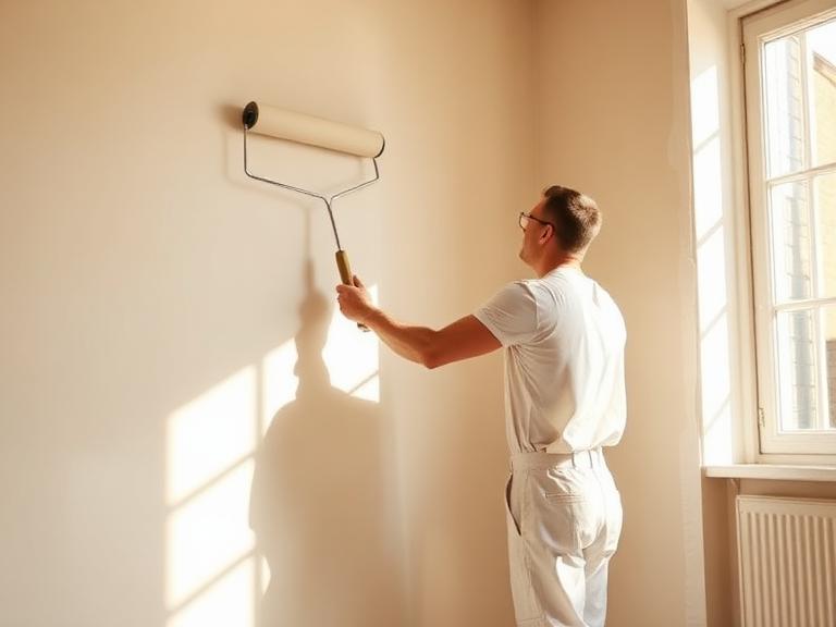 A painter rolling fresh paint onto a wall