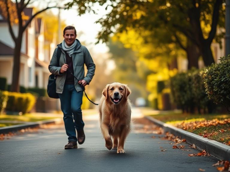 A dog walker with a golden retriever on a residential street