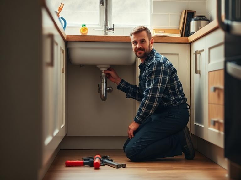 A plumber working under a kitchen sink