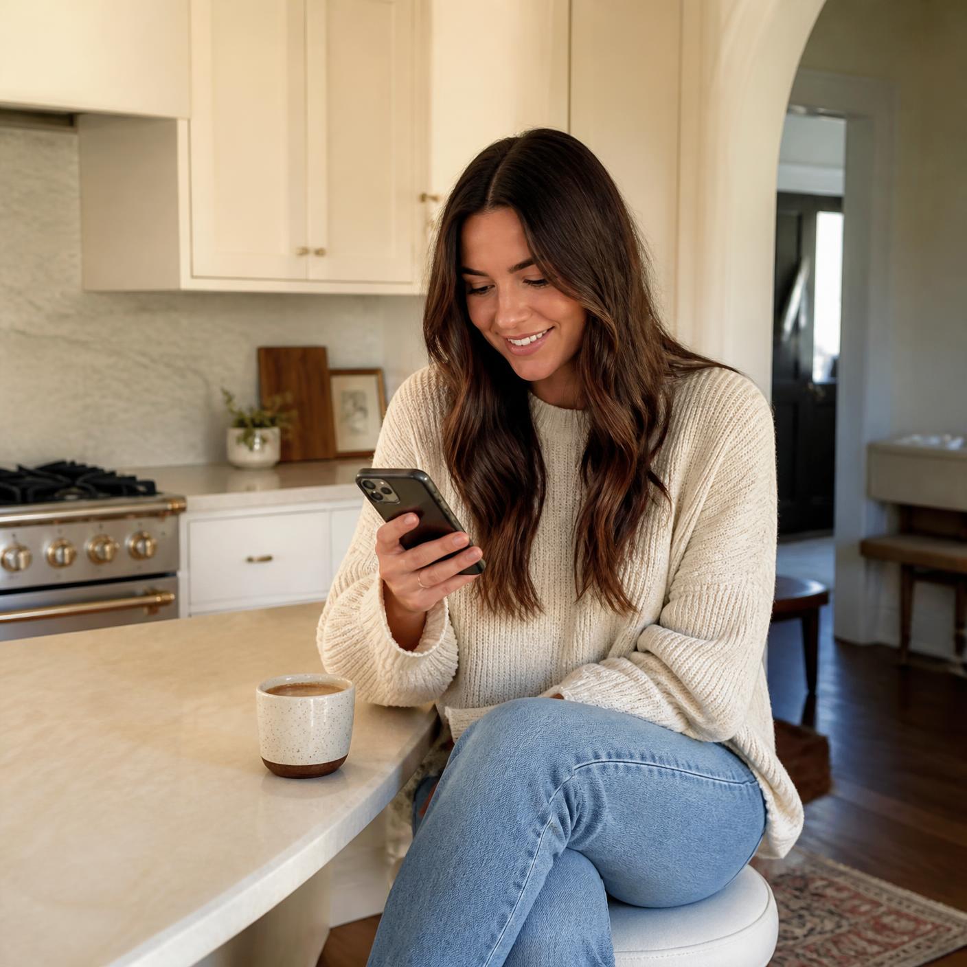 A woman relaxing at her kitchen counter, checking her booking on her phone