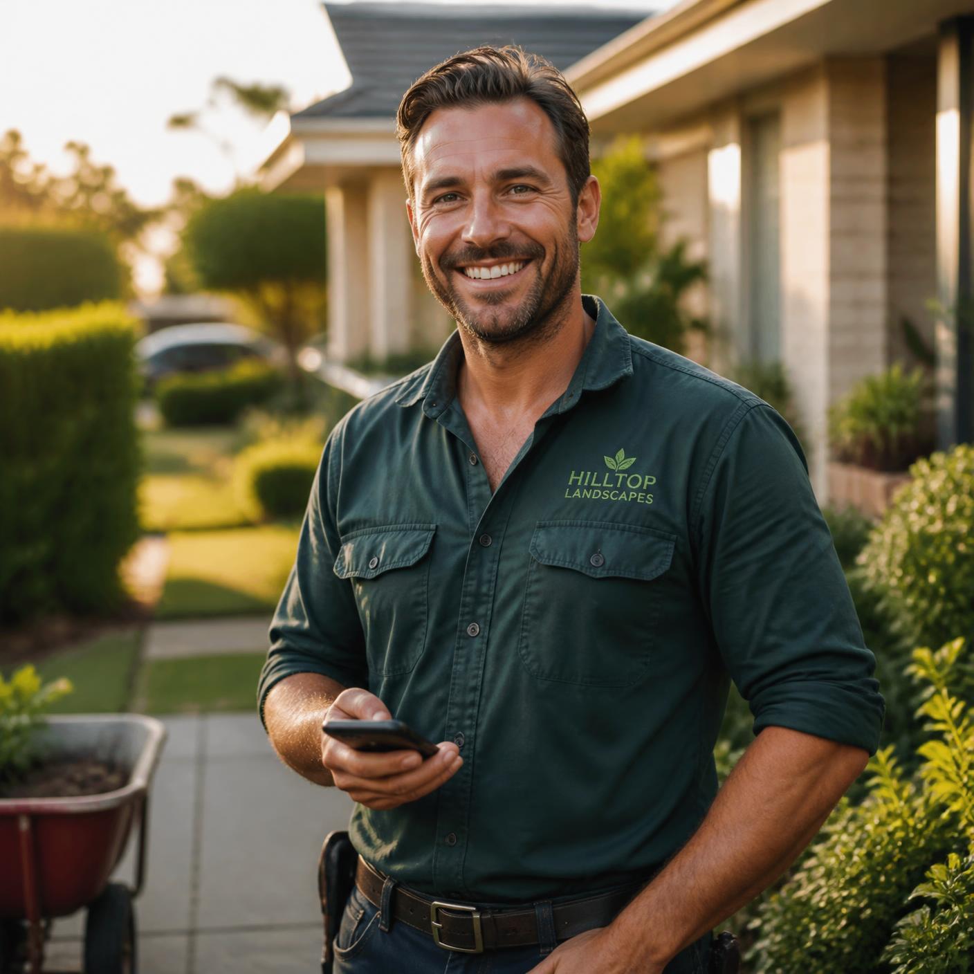 An independent local professional smiling outside a home, phone in hand